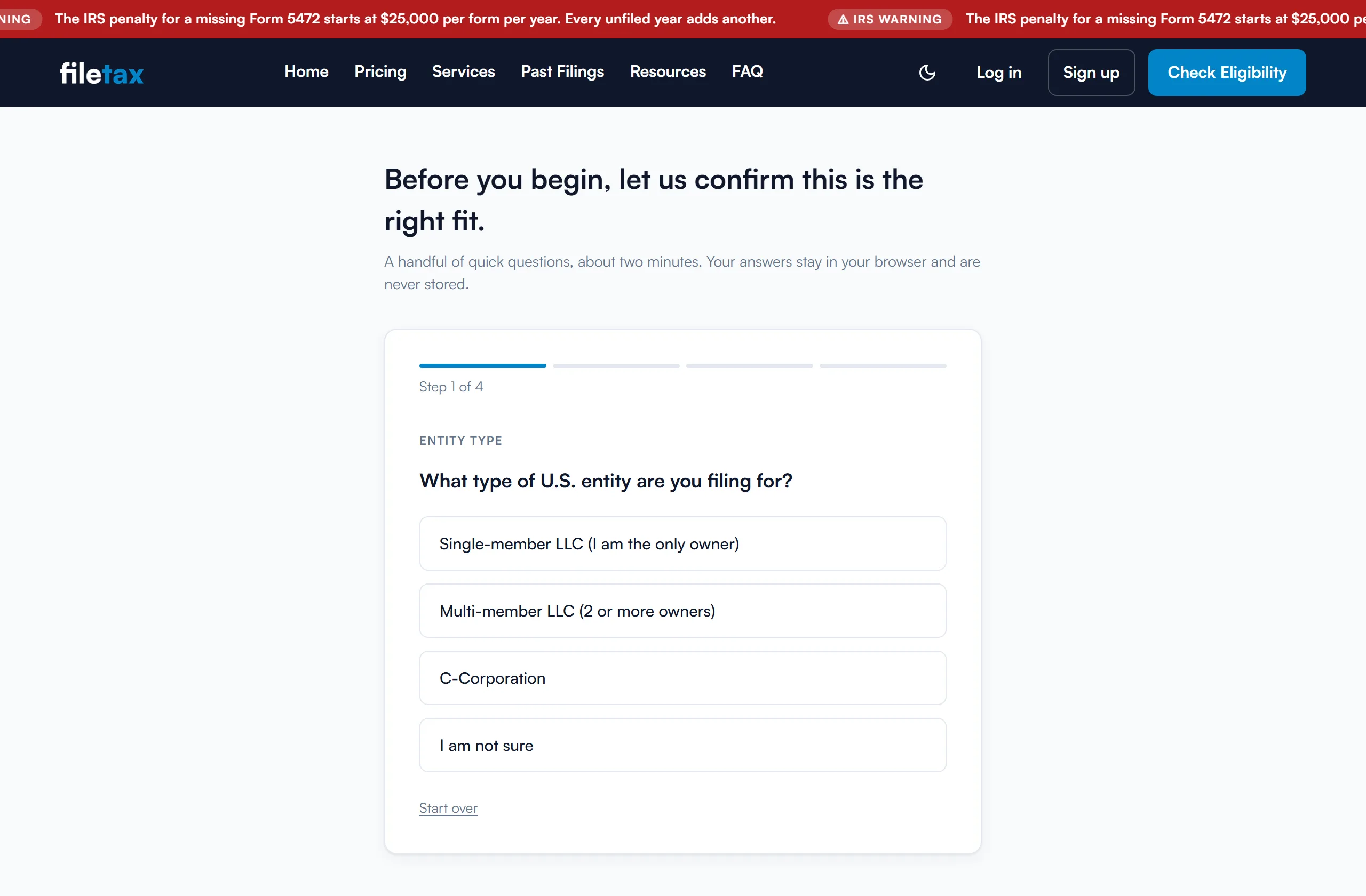 The eligibility check on step 1 of 4, asking what type of U.S. entity you are filing for