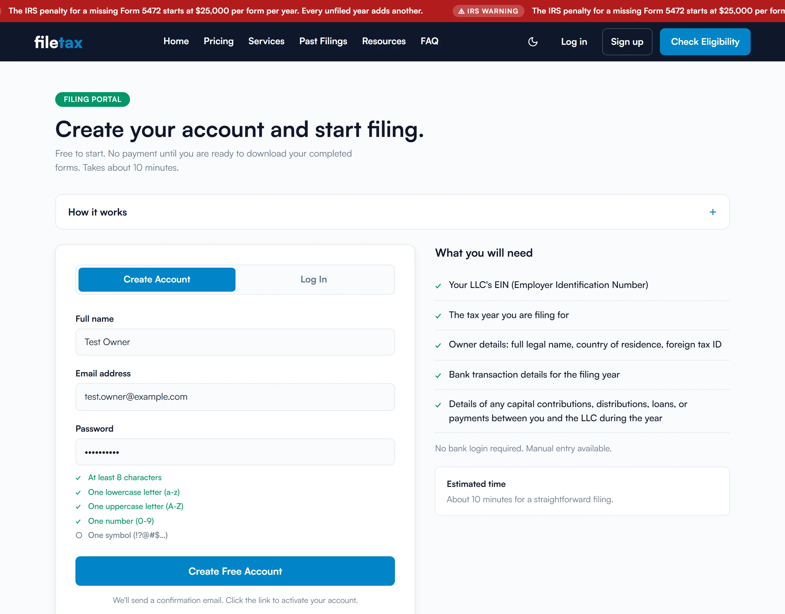 The portal sign-up form showing the live password requirement checklist