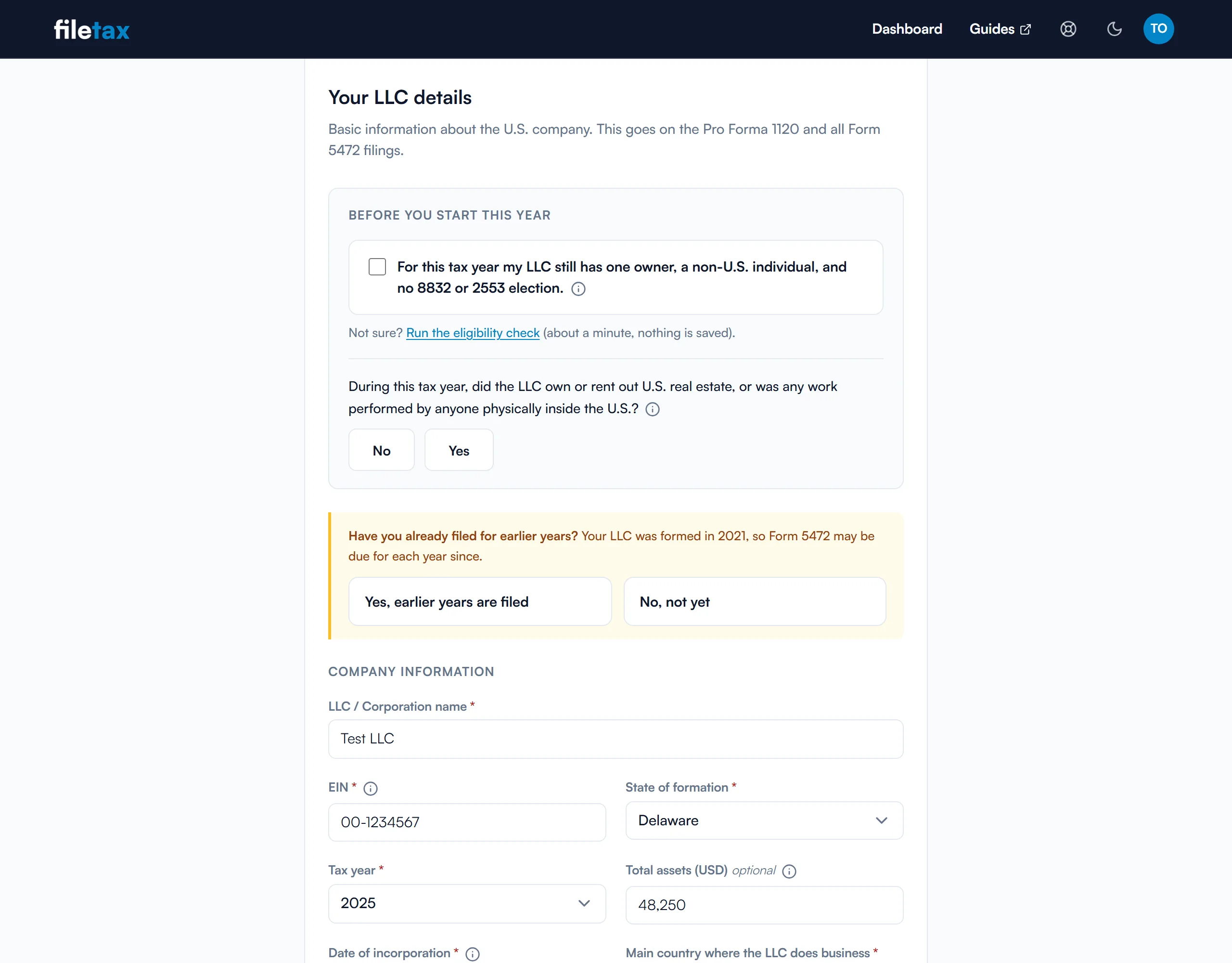 The intake wizard on the LLC Details section, with its progress indicator