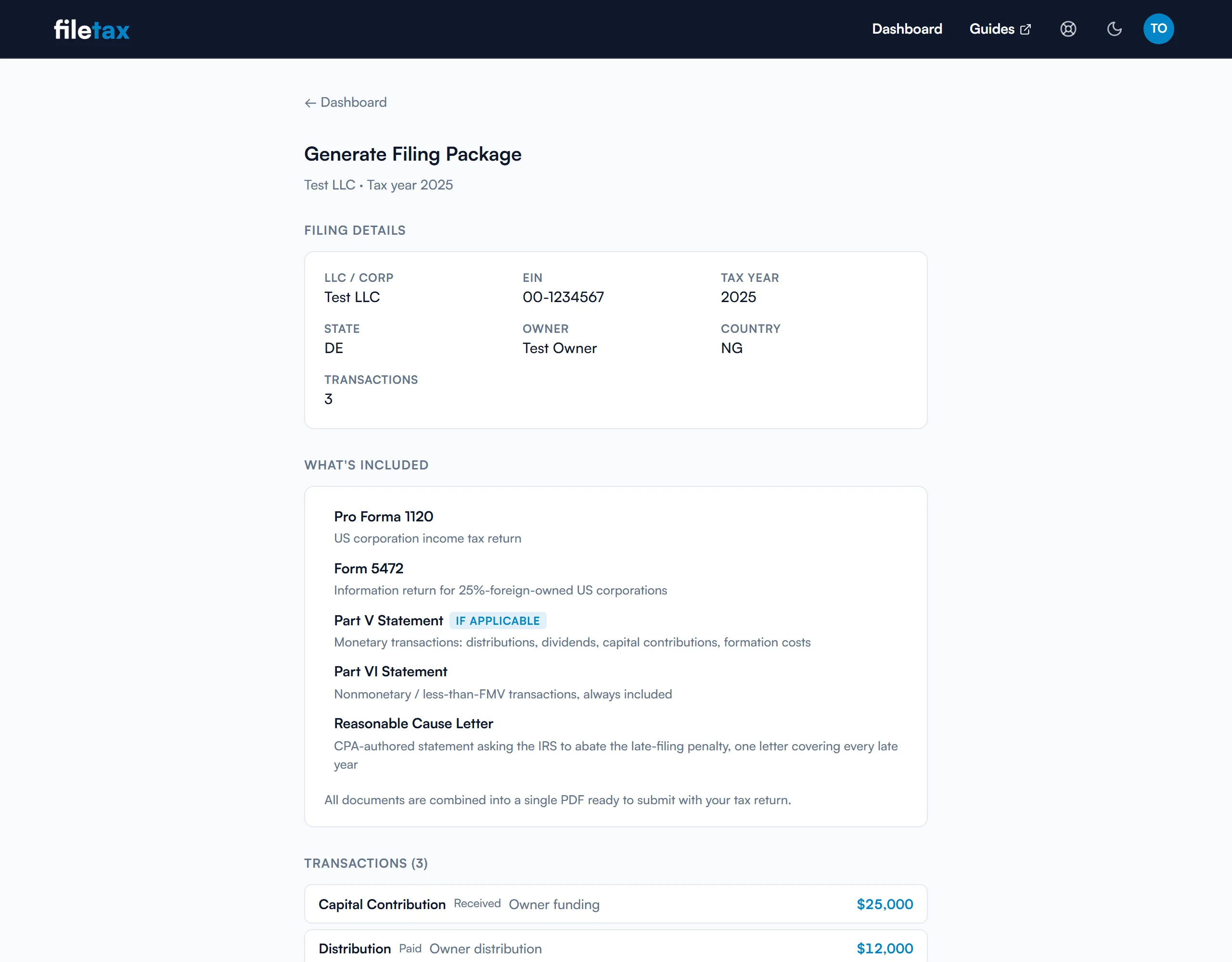 The generate step showing the filing summary and the list of included documents