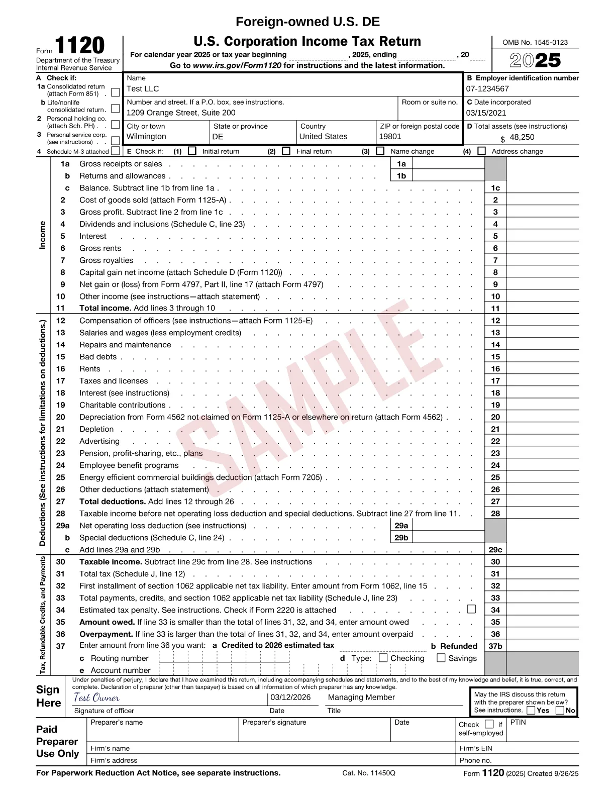 Pro forma 1120, page 1, completed with sample data and marked SAMPLE