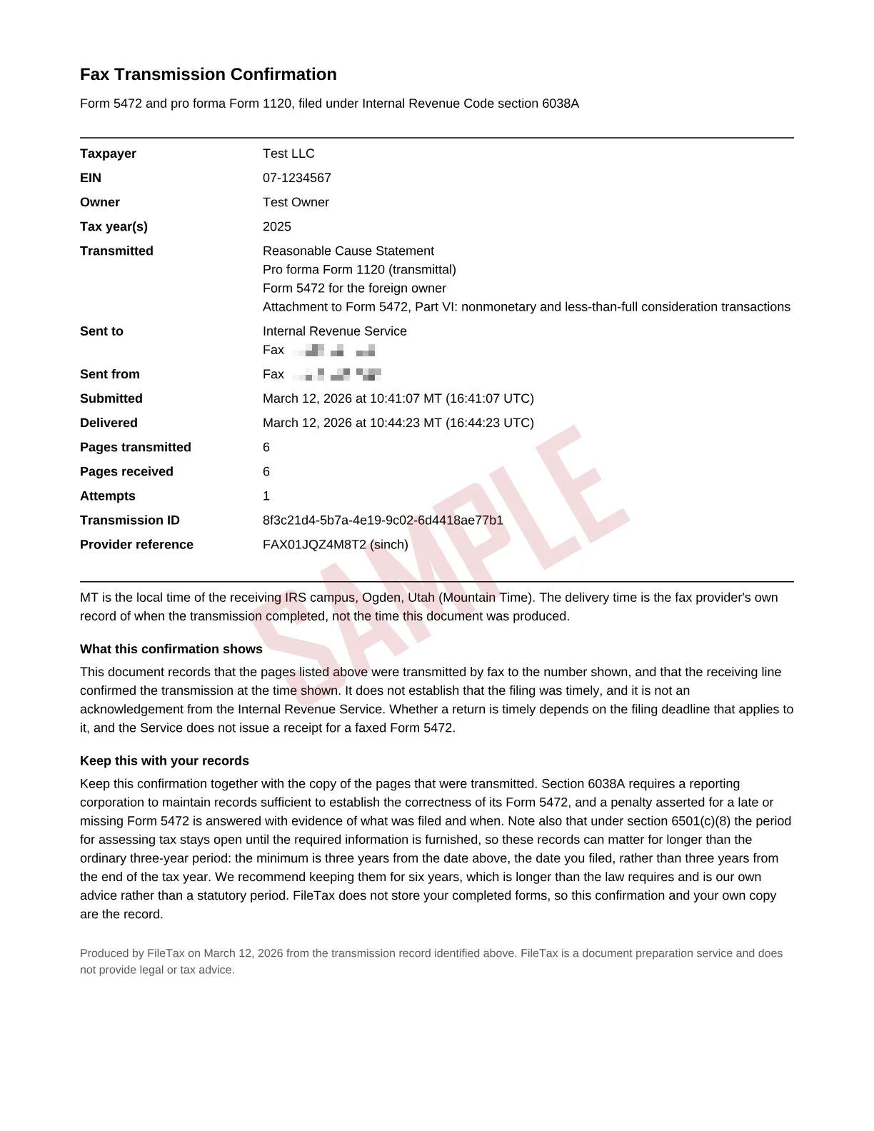 Fax transmission confirmation, with the fax numbers obscured, completed with sample data and marked SAMPLE